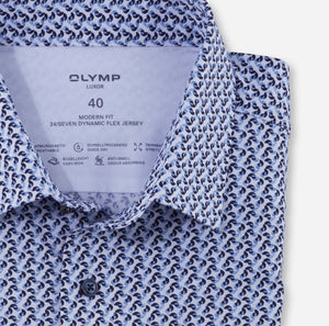 Chemise à motifs Luxor OLYMP droite bleue en coton stretch | Georgespaul