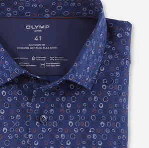 Chemise à motifs Luxor OLYMP droite marine en coton stretch | Georgespaul