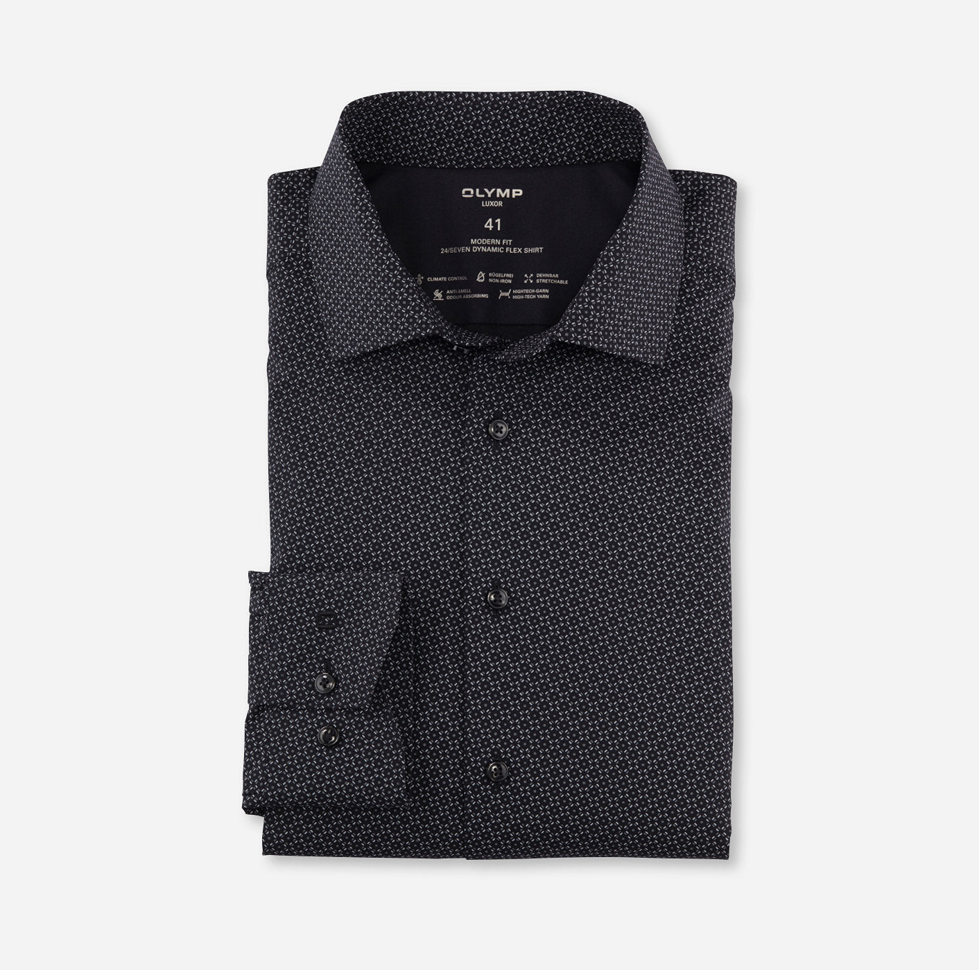 Chemise à motifs Luxor OLYMP droite noire en coton stretch | Georgespaul