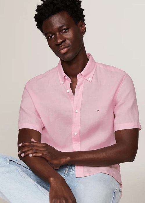 Chemise manches courtes Tommy Hilfiger rose en lin - Georgespaul