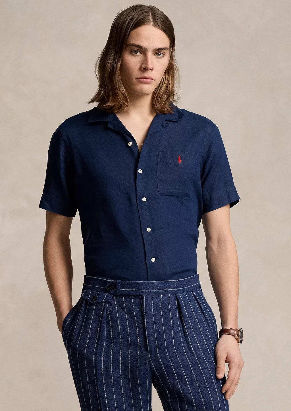 Chemise manches courtes homme Ralph Lauren marine en lin | Georgespaul