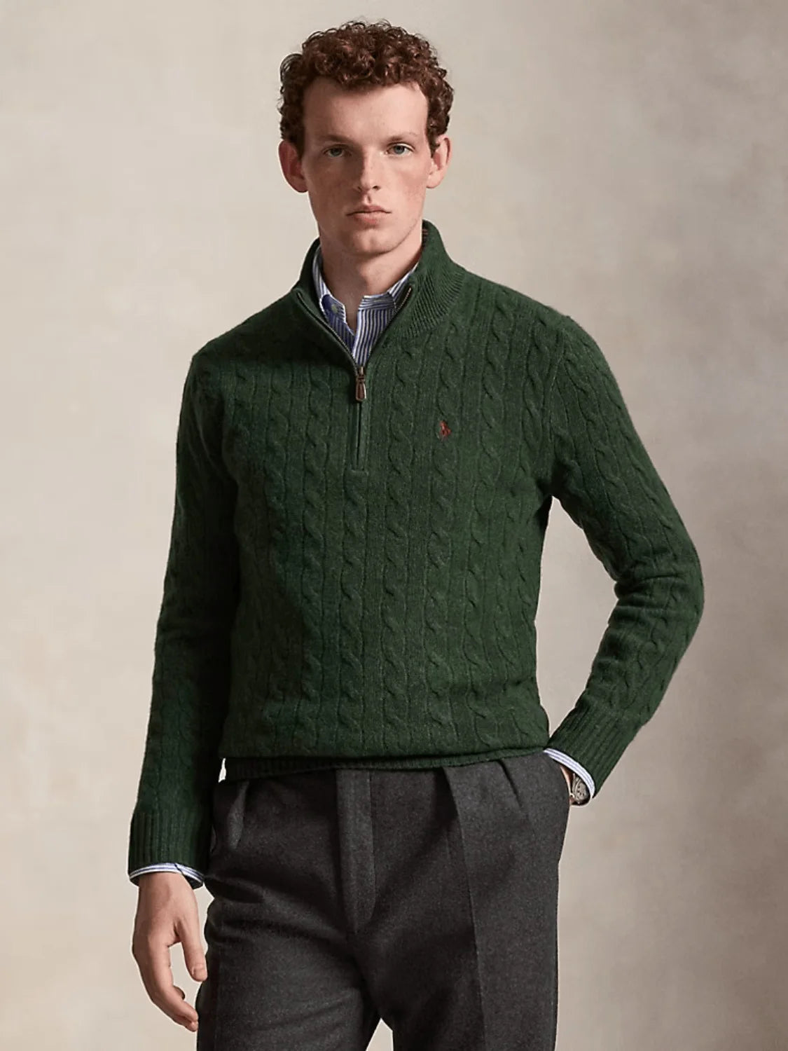 Pull camionneur torsadé Ralph Lauren vert en laine et cachemire