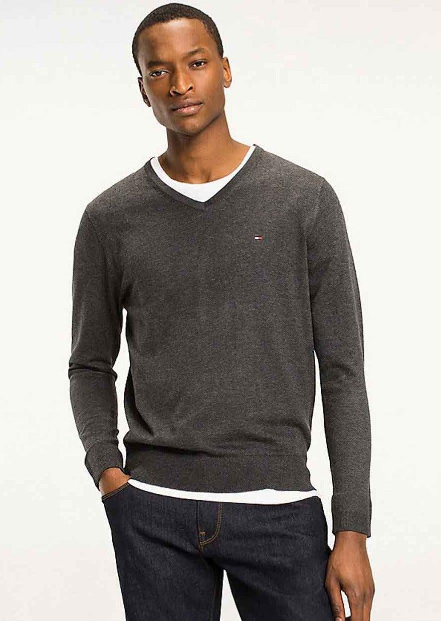 Pull col V Tommy Hilfiger gris anthracite coton pima et cachemire - Georgespaul