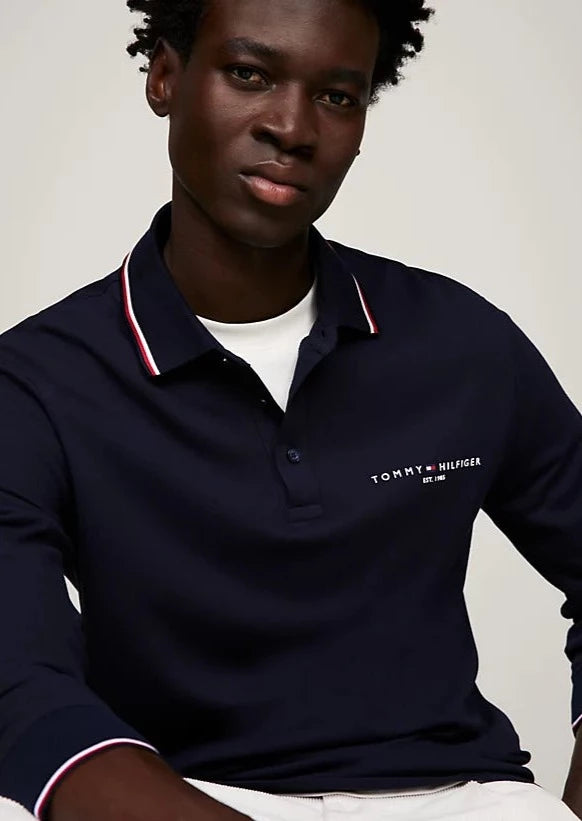 Polo manches longues homme Tommy Hilfiger marine coton bio stretch | Georgespaul