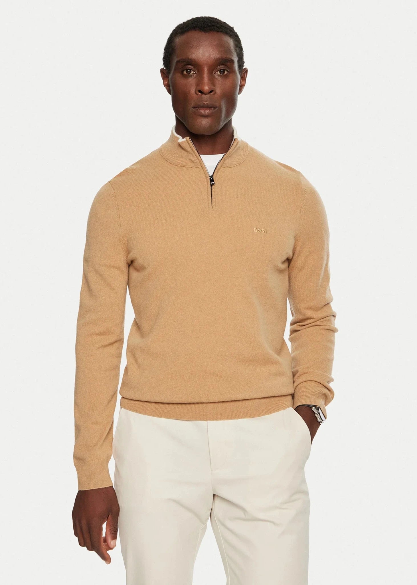 Pull camionneur BOSS beige en laine pour homme | Georgespaul