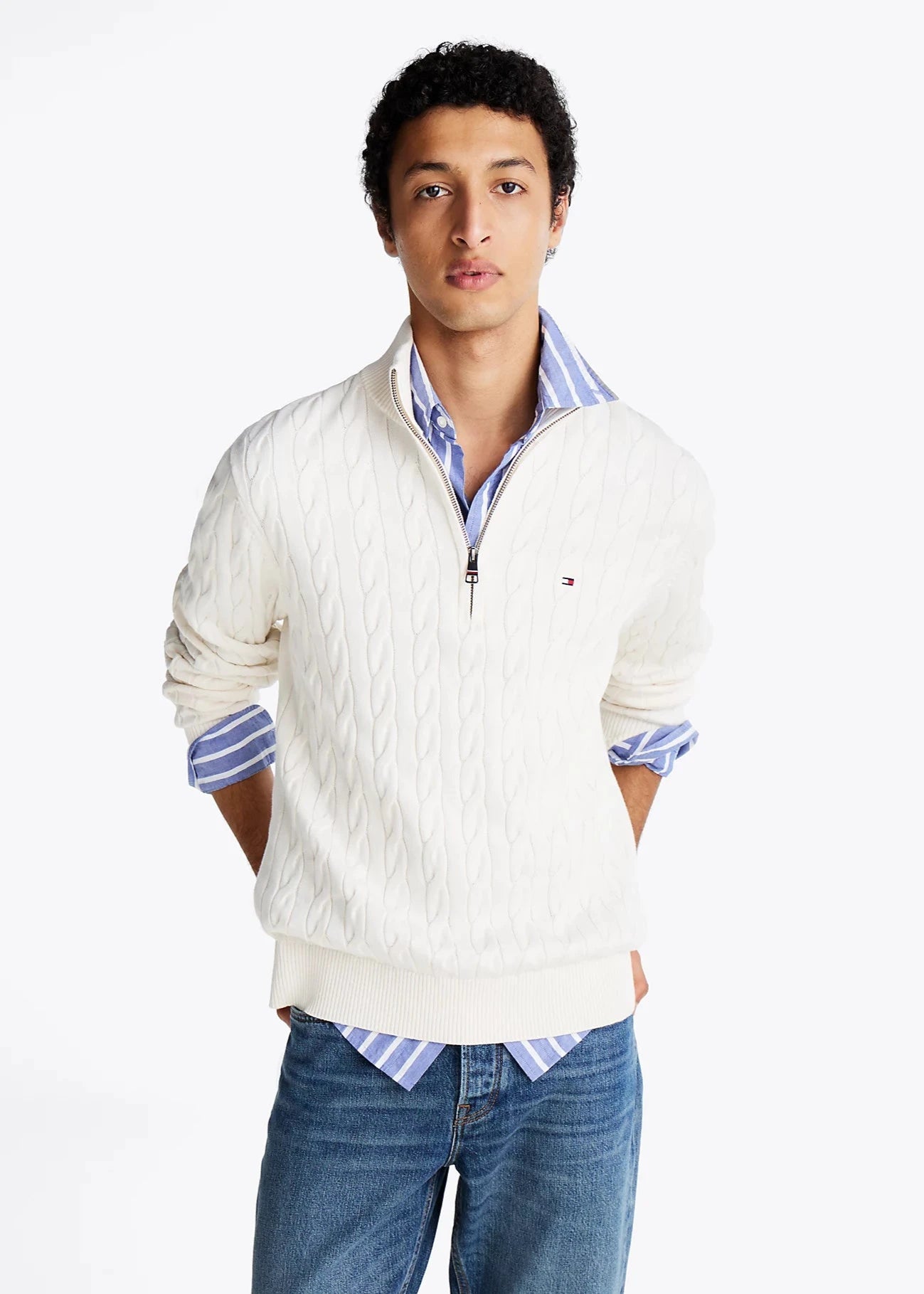 Pull camionneur torsadé Tommy Hilfiger blanc | Georgespaul