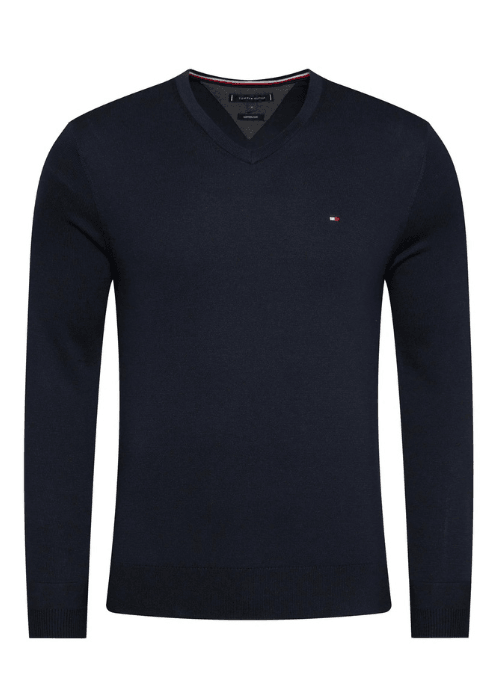 Pull col V Tommy Hilfiger marine coton pima et cachemire - Georgespaul