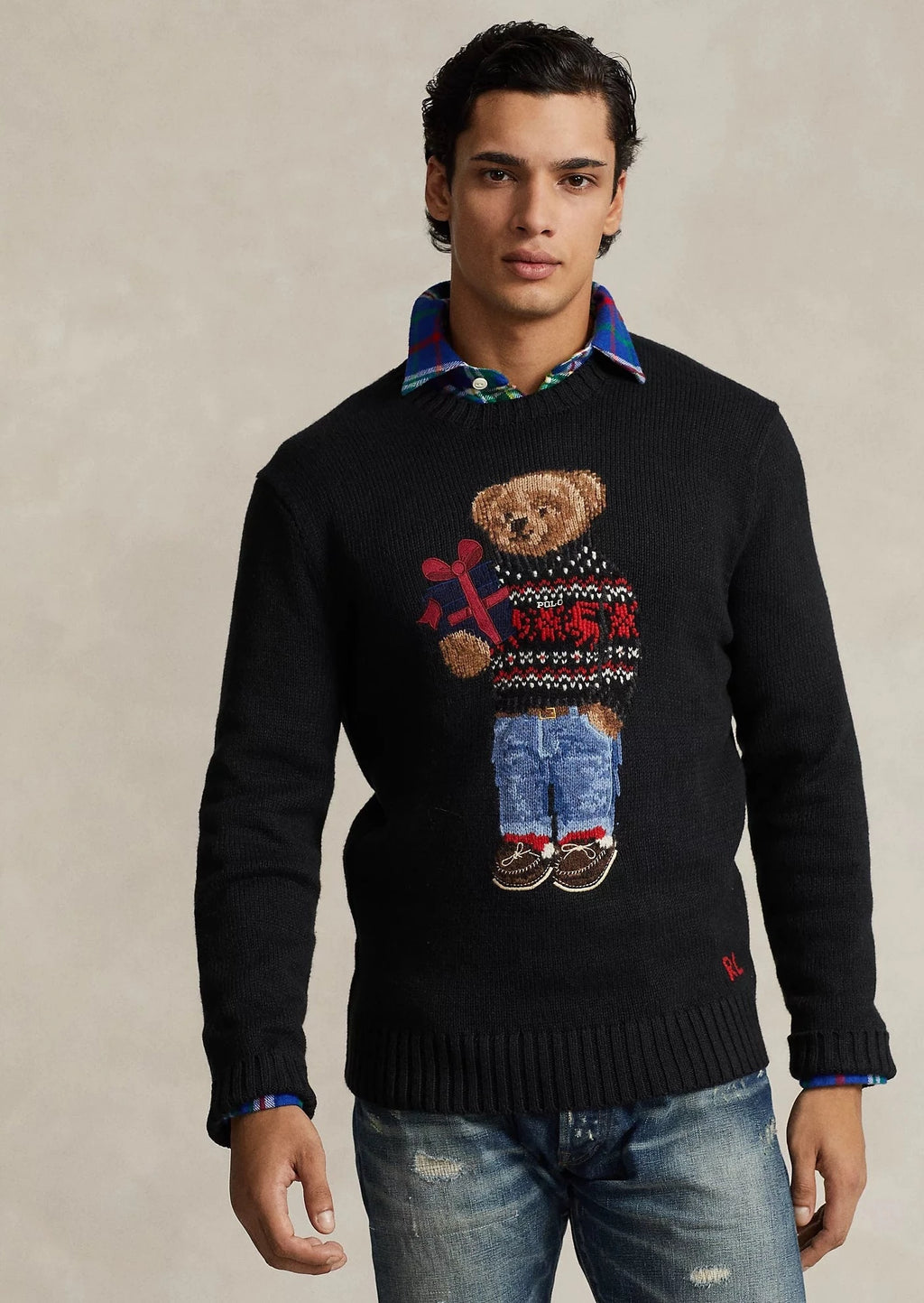 Pull col rond logo Bear Ralph Lauren noir 