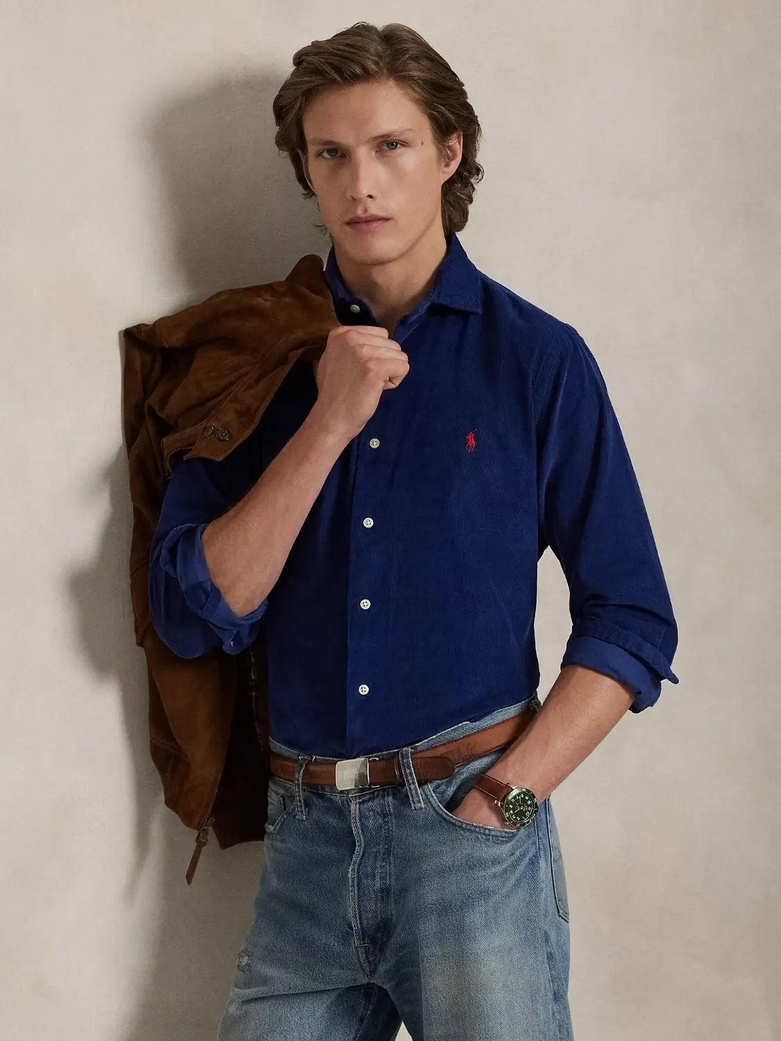 chemise-ralph-lauren-custom-fit-bleue-velours-homme-face-zoom