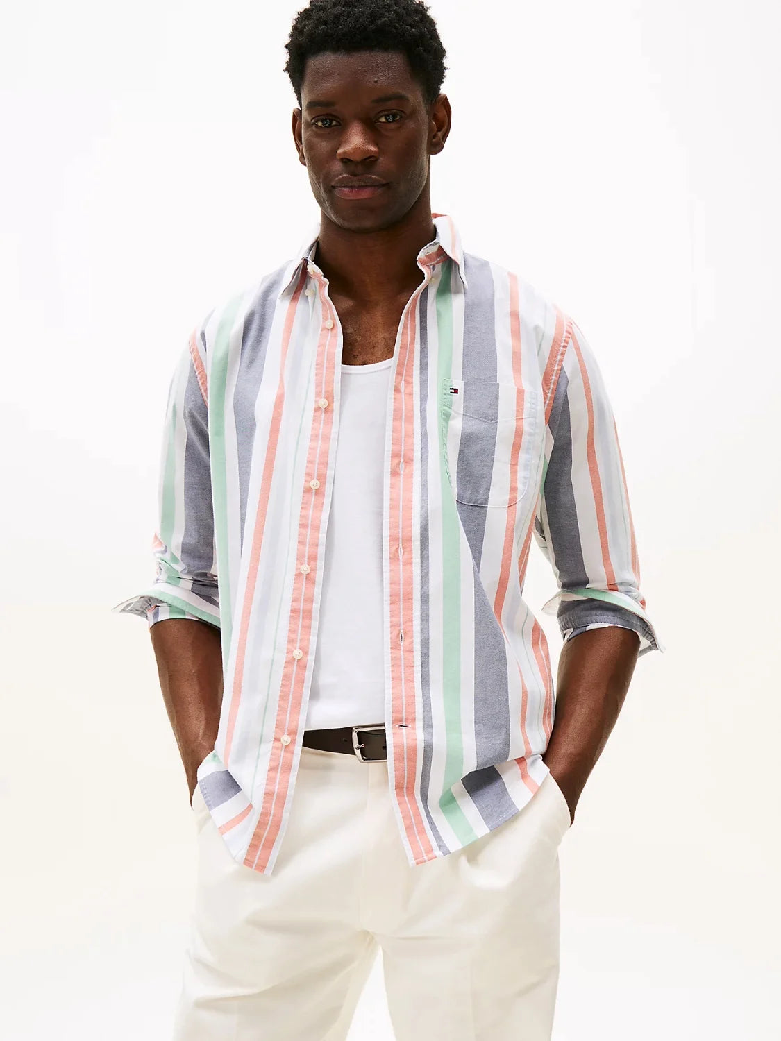 chemise-rayures-tommy-hilfiger-orange-homme-face