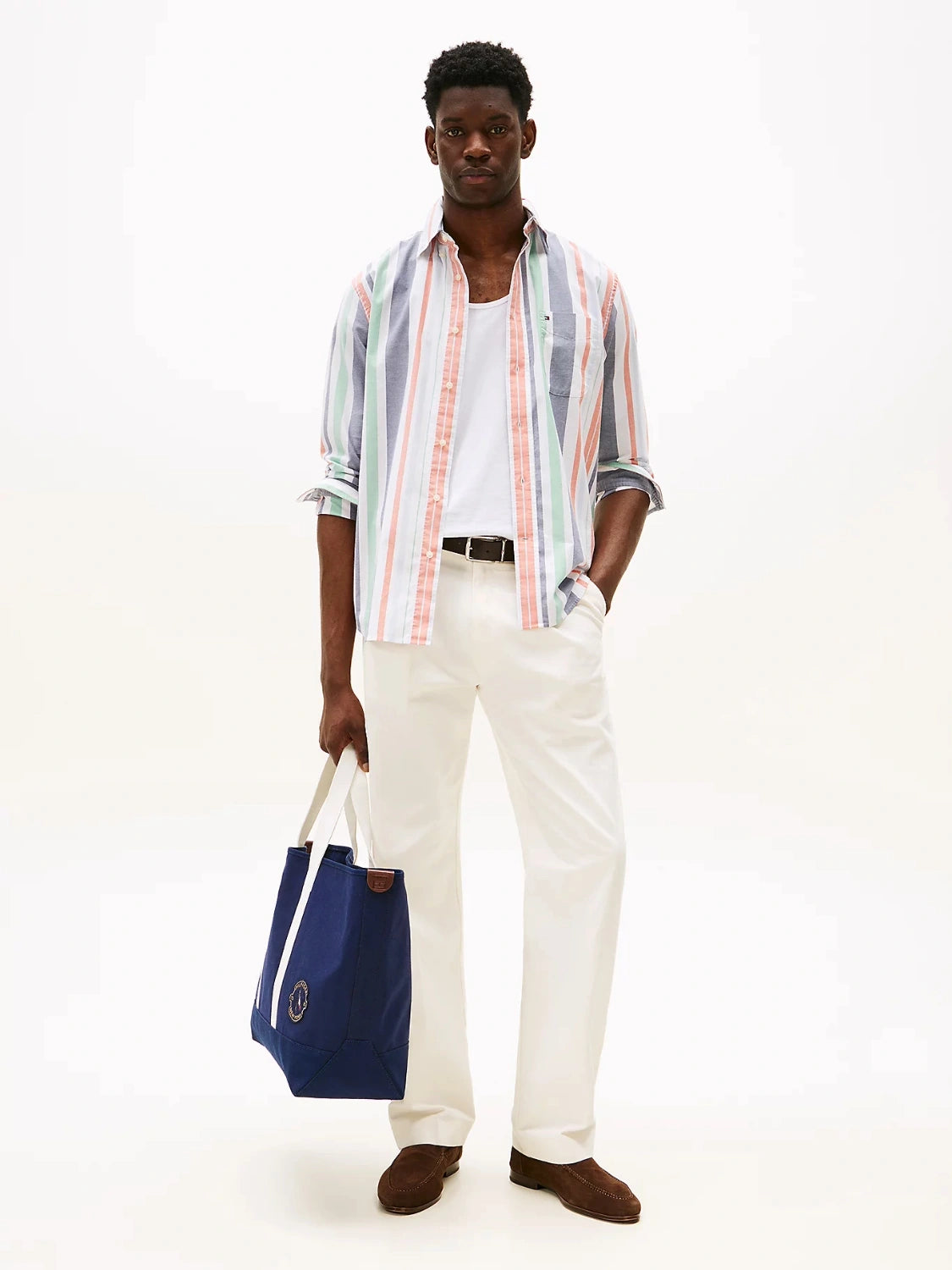 chemise-rayures-tommy-hilfiger-orange-homme-porte