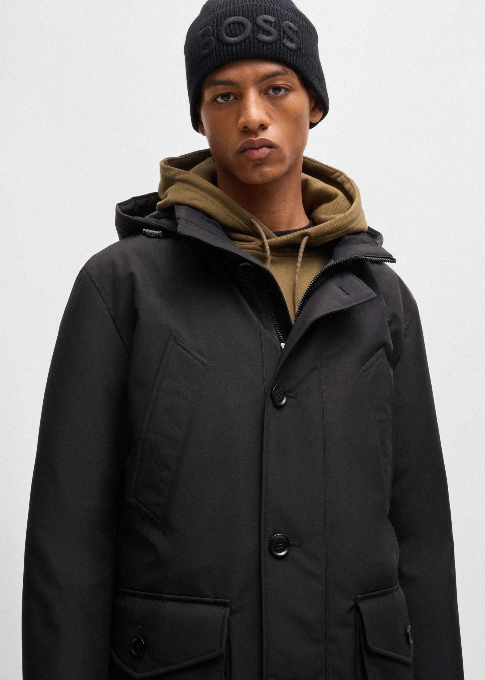 Parka à capuche homme BOSS noir déperlante | Georgespaul