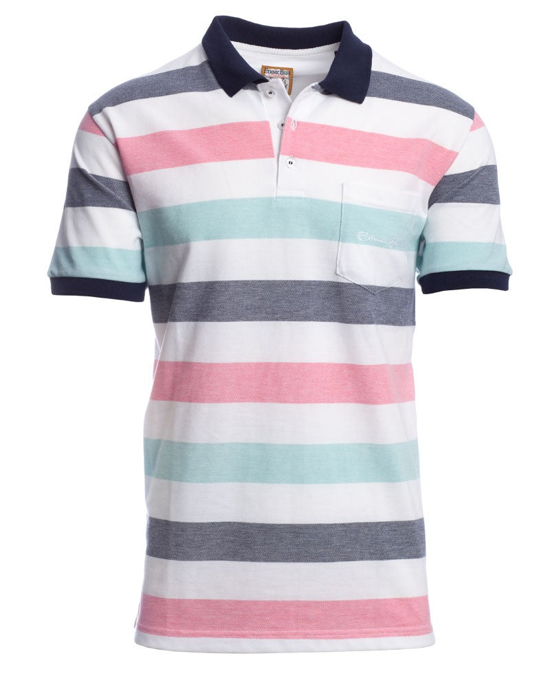 Weißes und rosa Piqué-Poloshirt mit ethnischen blauen Streifen
