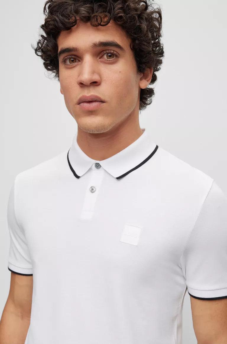 Polo à liserés BOSS blanc en coton stretch - Georgespaul