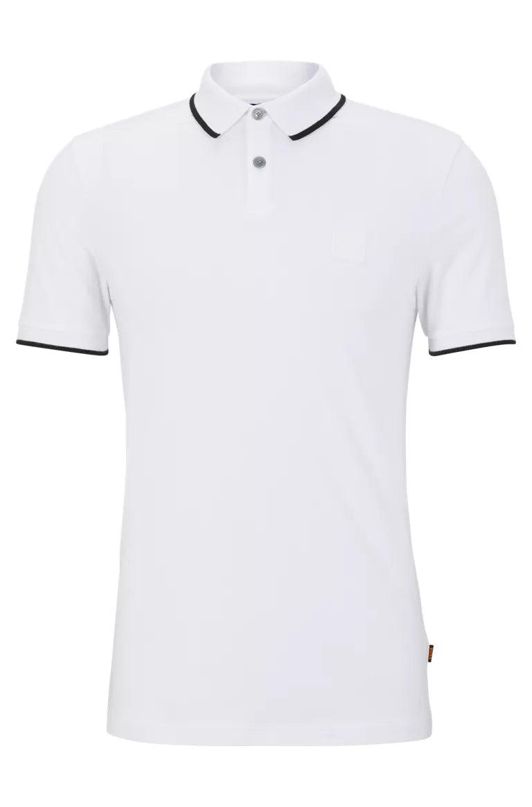 Polo à liserés BOSS blanc en coton stretch - Georgespaul