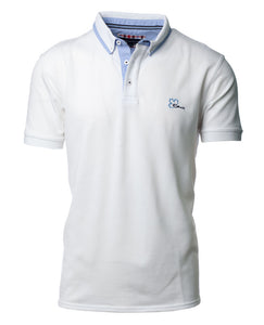 Weißes Baumwoll-Piqué-Poloshirt „Ethnic Blue“ mit ausgefallenem Kragen