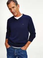 Laden Sie das Bild in den Galerie-Viewer, Marineblauer Pullover mit V-Ausschnitt von Tommy Hilfiger aus Pima-Baumwolle und Kaschmir
