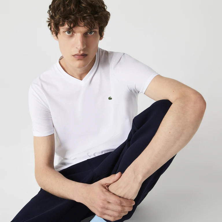 T-shirt col V homme Lacoste blanc coton pima | Georgespaul